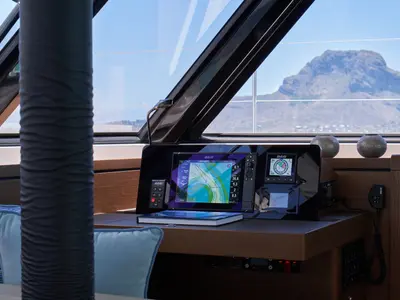 Cockpit of Sea Spirit III, a Nautitech 46 Fly catamaran at Grande Rivière Noire VCA, Mauritius