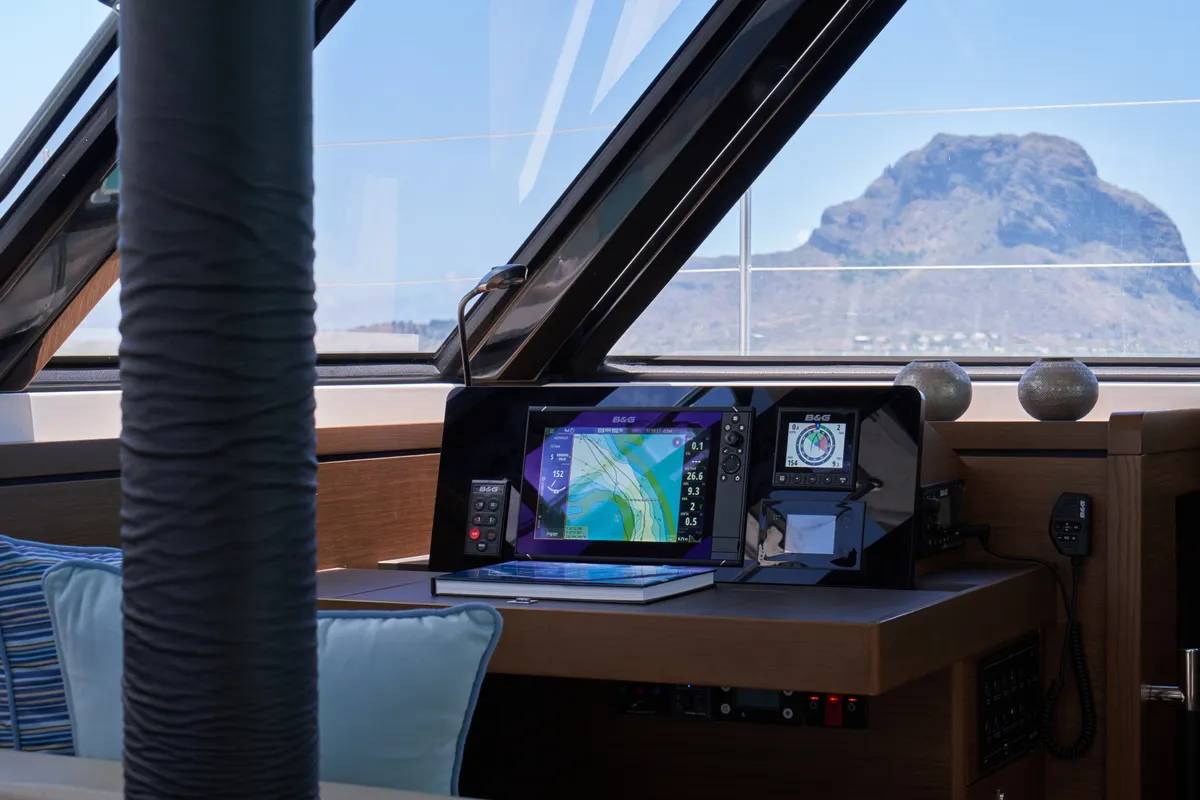 Cockpit of Sea Spirit III, a Nautitech 46 Fly catamaran at Grande Rivière Noire VCA, Mauritius