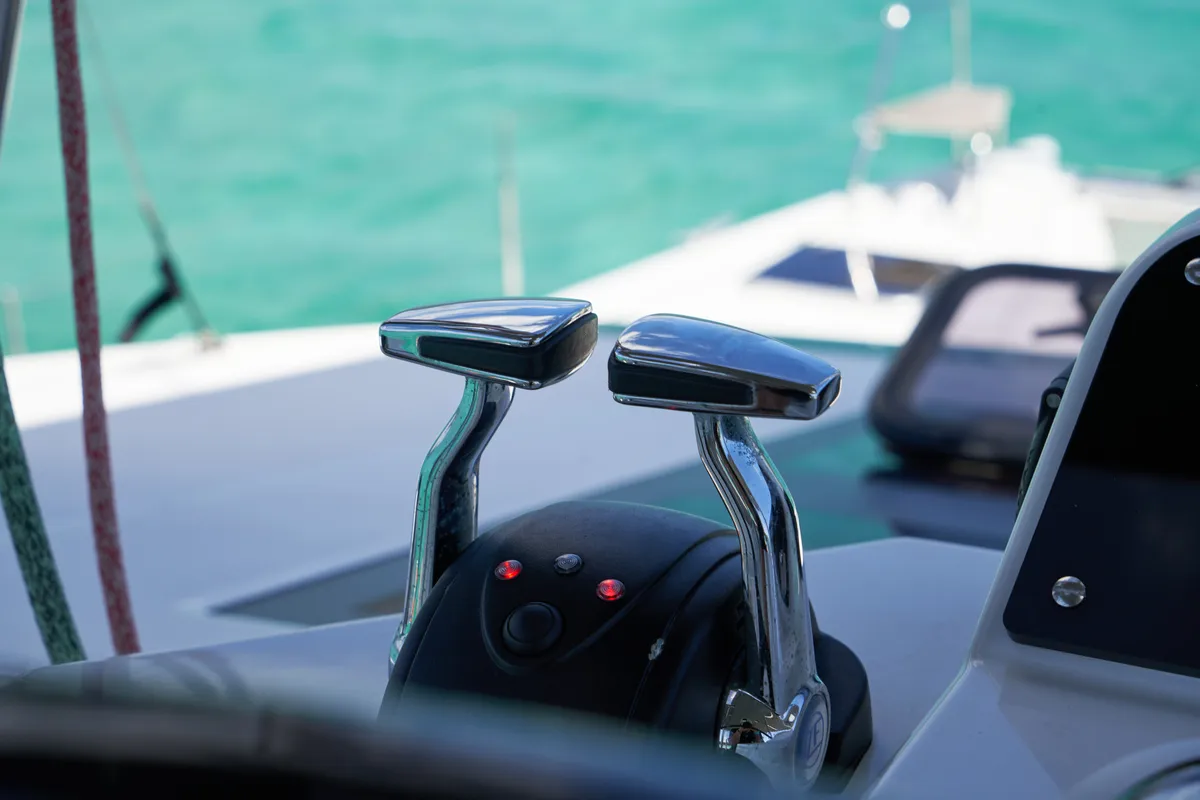 Cockpit of Sea Spirit III, a Nautitech 46 Fly catamaran at Grande Rivière Noire VCA, Mauritius