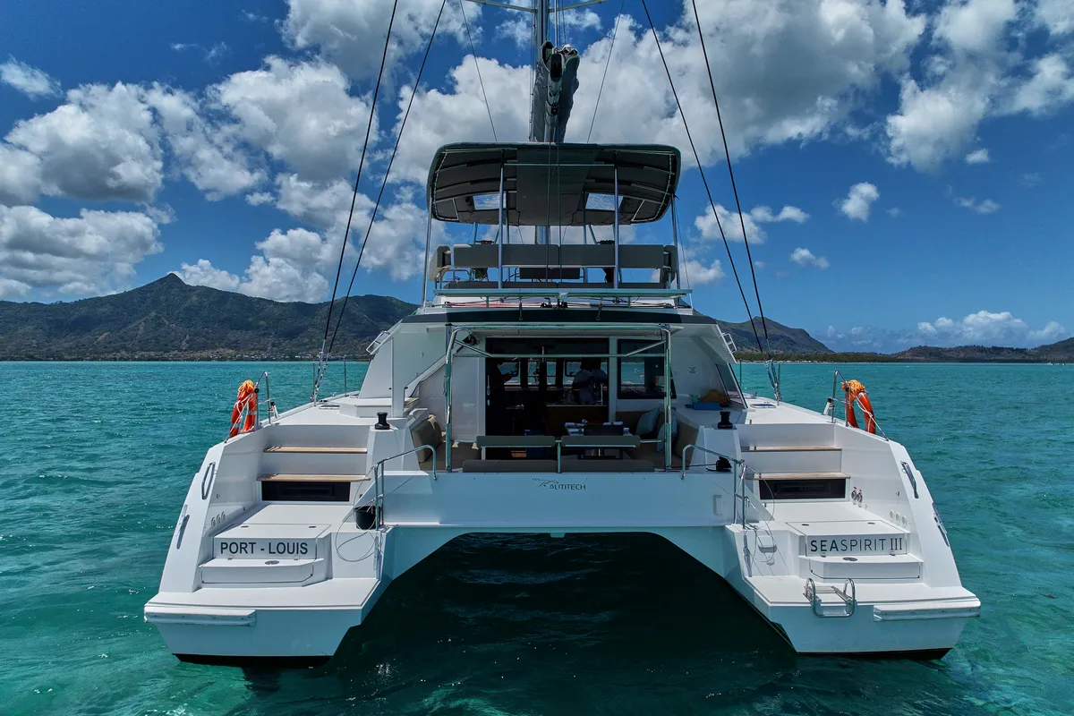 Exterior view of Sea Spirit III, a Nautitech 46 Fly catamaran at Grande Rivière Noire VCA, Mauritius
