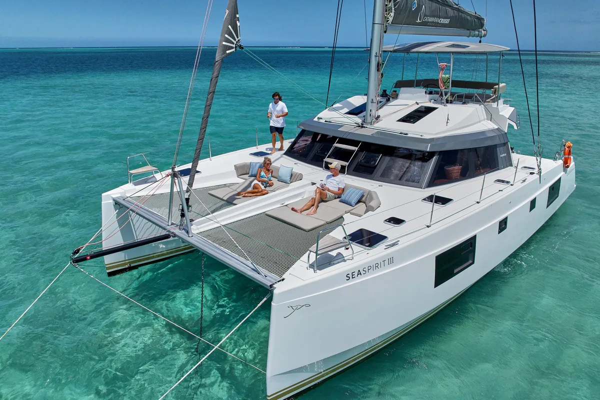 Exterior view of Sea Spirit III, a Nautitech 46 Fly catamaran at Grande Rivière Noire VCA, Mauritius