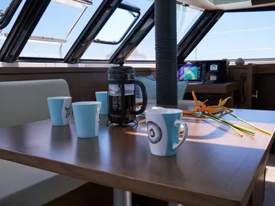 Salon of Sea Spirit III, a Nautitech 46 Fly catamaran at Grande Rivière Noire VCA, Mauritius