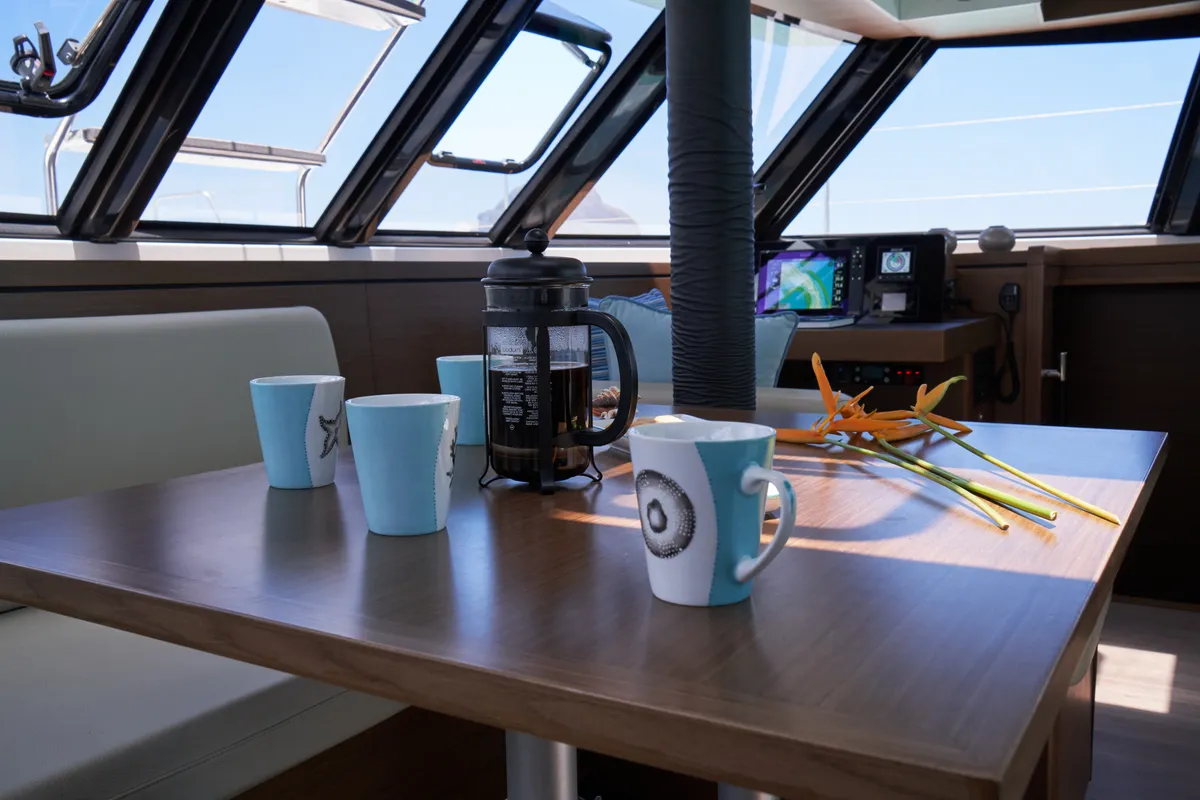 Salon of Sea Spirit III, a Nautitech 46 Fly catamaran at Grande Rivière Noire VCA, Mauritius