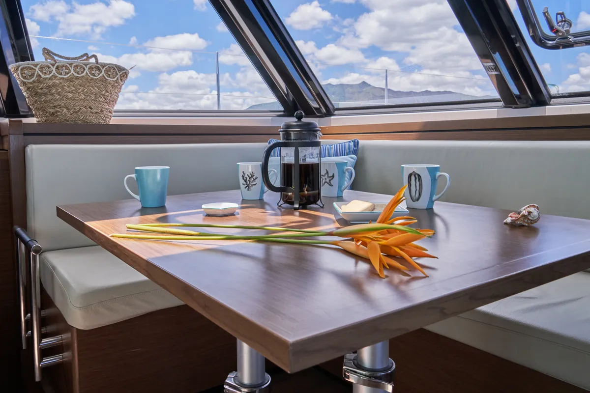 Salon of Sea Spirit III, a Nautitech 46 Fly catamaran at Grande Rivière Noire VCA, Mauritius