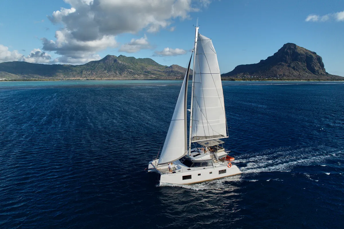 Exterior view of Sea Spirit III, a Nautitech 46 Fly catamaran at Grande Rivière Noire VCA, Mauritius