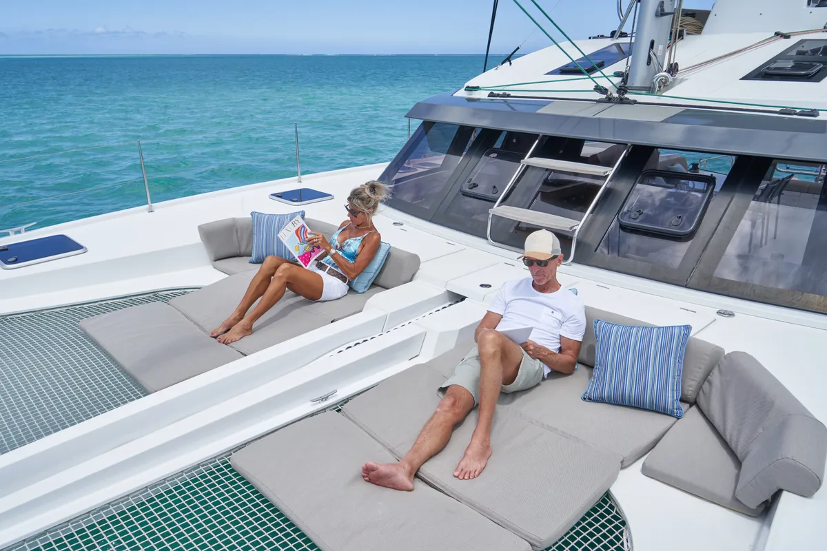 Deck of Sea Spirit III, a Nautitech 46 Fly catamaran at Grande Rivière Noire VCA, Mauritius