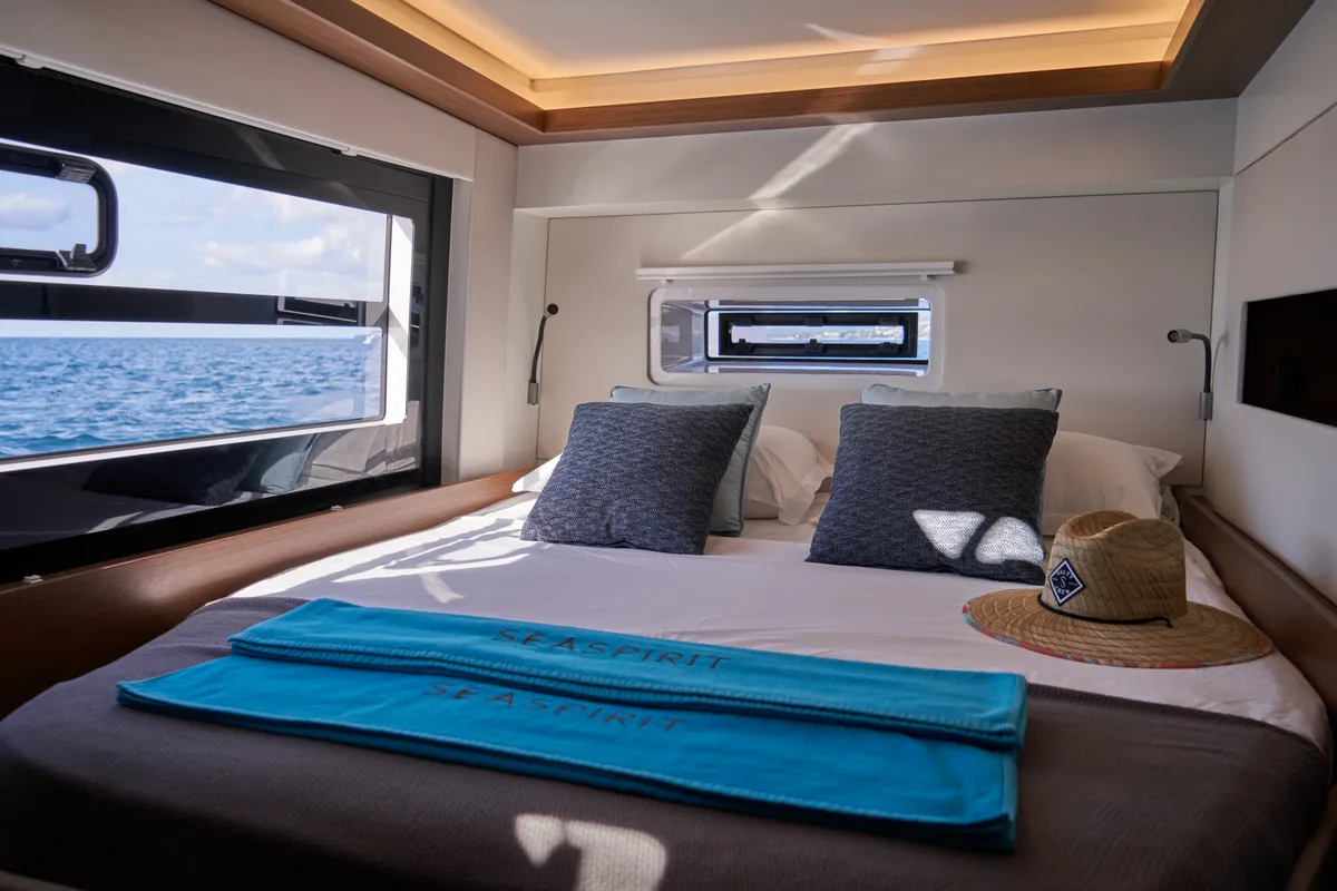 Cabin on Sea Spirit III, a Nautitech 46 Fly catamaran at Grande Rivière Noire VCA, Mauritius