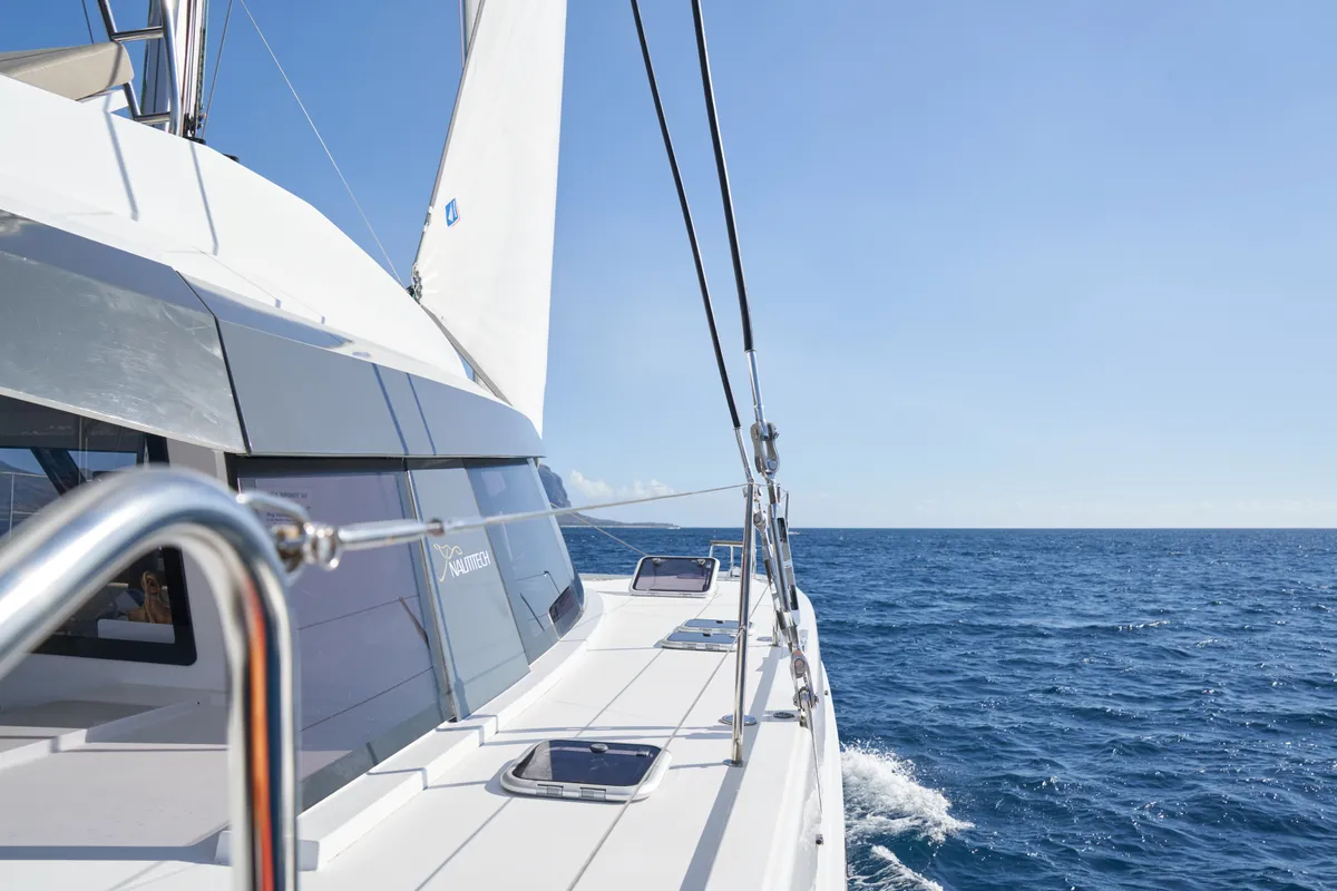 Exterior view of Sea Spirit III, a Nautitech 46 Fly catamaran at Grande Rivière Noire VCA, Mauritius