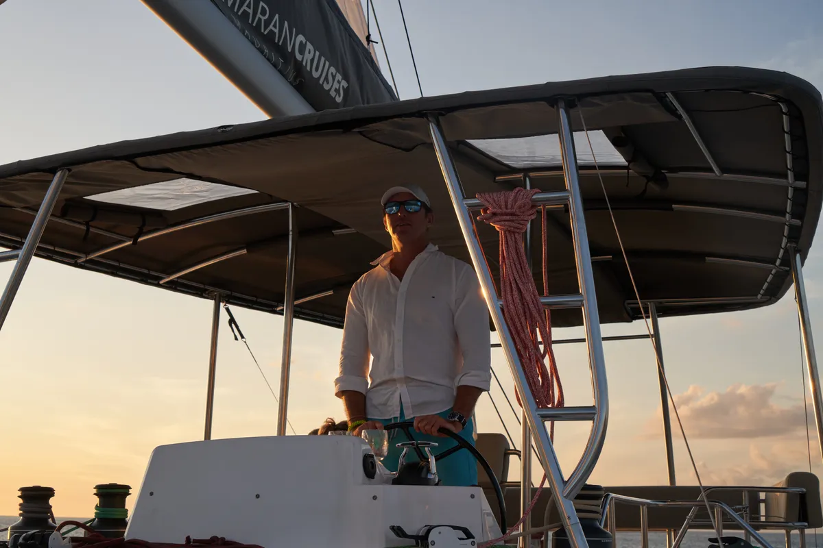 Cockpit of Sea Spirit III, a Nautitech 46 Fly catamaran at Grande Rivière Noire VCA, Mauritius