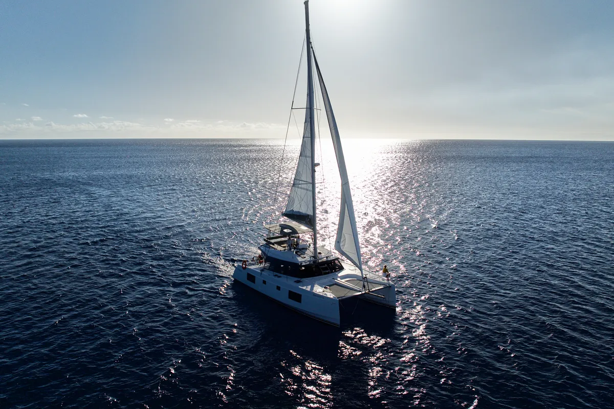 Exterior view of Sea Spirit III, a Nautitech 46 Fly catamaran at Grande Rivière Noire VCA, Mauritius