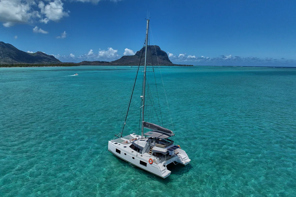 Exterior view of Sea Spirit III, a Nautitech 46 Fly catamaran at Grande Rivière Noire VCA, Mauritius