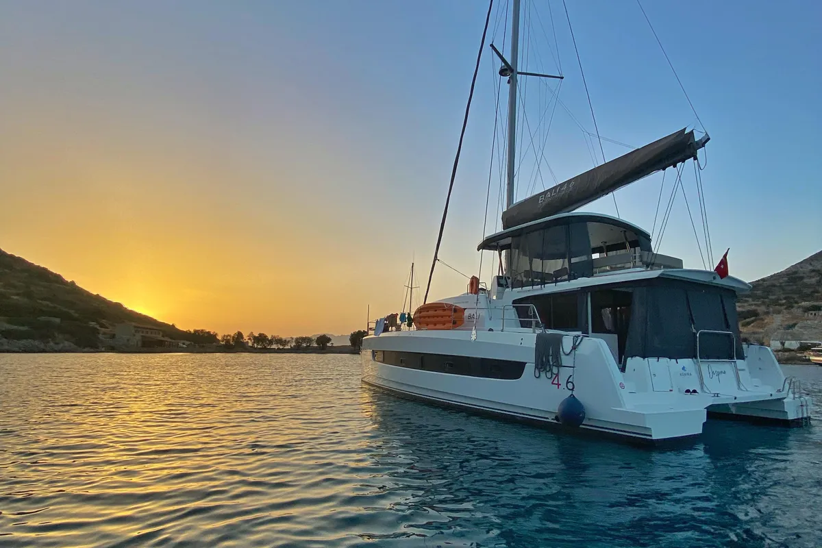 Exterior view of Despina, a Bali 4.6 catamaran at Fethiye, Turkey