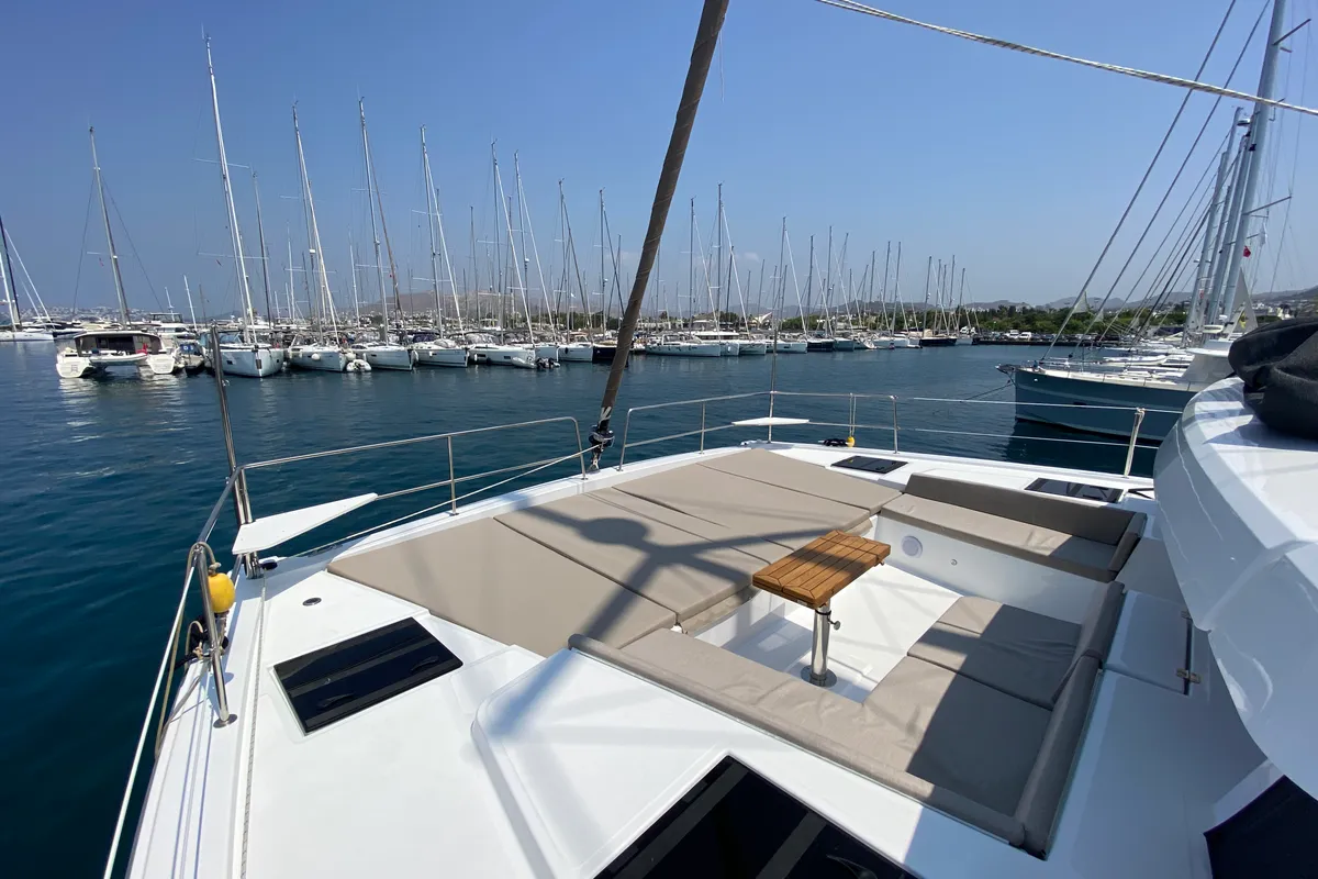 Deck of Despina, a Bali 4.6 catamaran at Fethiye, Turkey