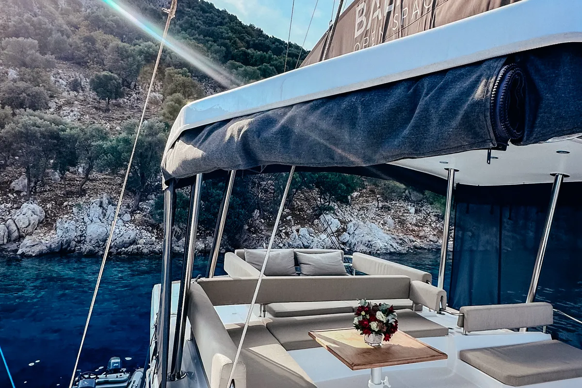 Deck of Despina, a Bali 4.6 catamaran at Fethiye, Turkey