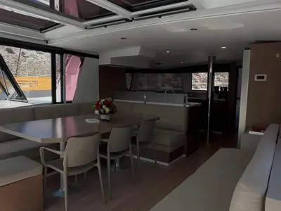 Salon of Despina, a Bali 4.6 catamaran at Fethiye, Turkey