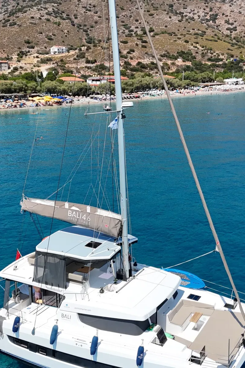 Exterior view of Despina, a Bali 4.6 catamaran at Fethiye, Turkey