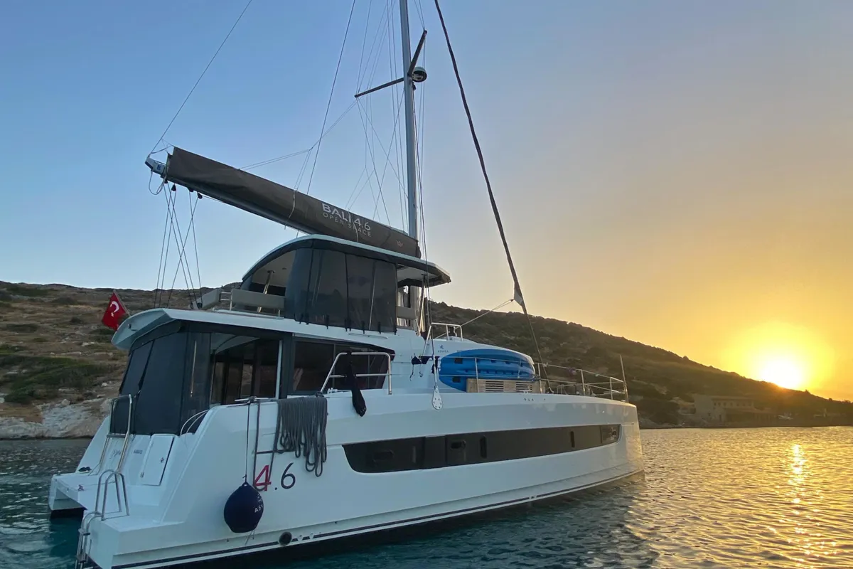 Exterior view of Despina, a Bali 4.6 catamaran at Fethiye, Turkey