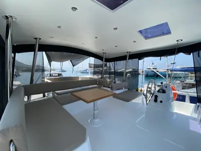 Cockpit of Despina, a Bali 4.6 catamaran at Fethiye, Turkey