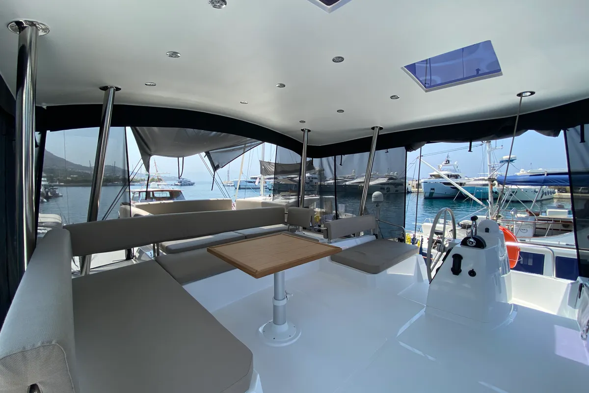 Cockpit of Despina, a Bali 4.6 catamaran at Fethiye, Turkey