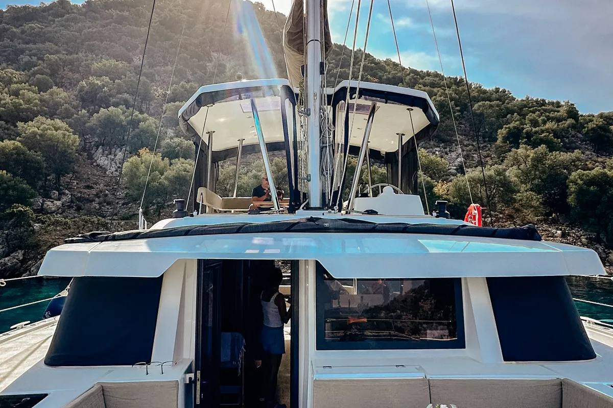 Deck of Despina, a Bali 4.6 catamaran at Fethiye, Turkey