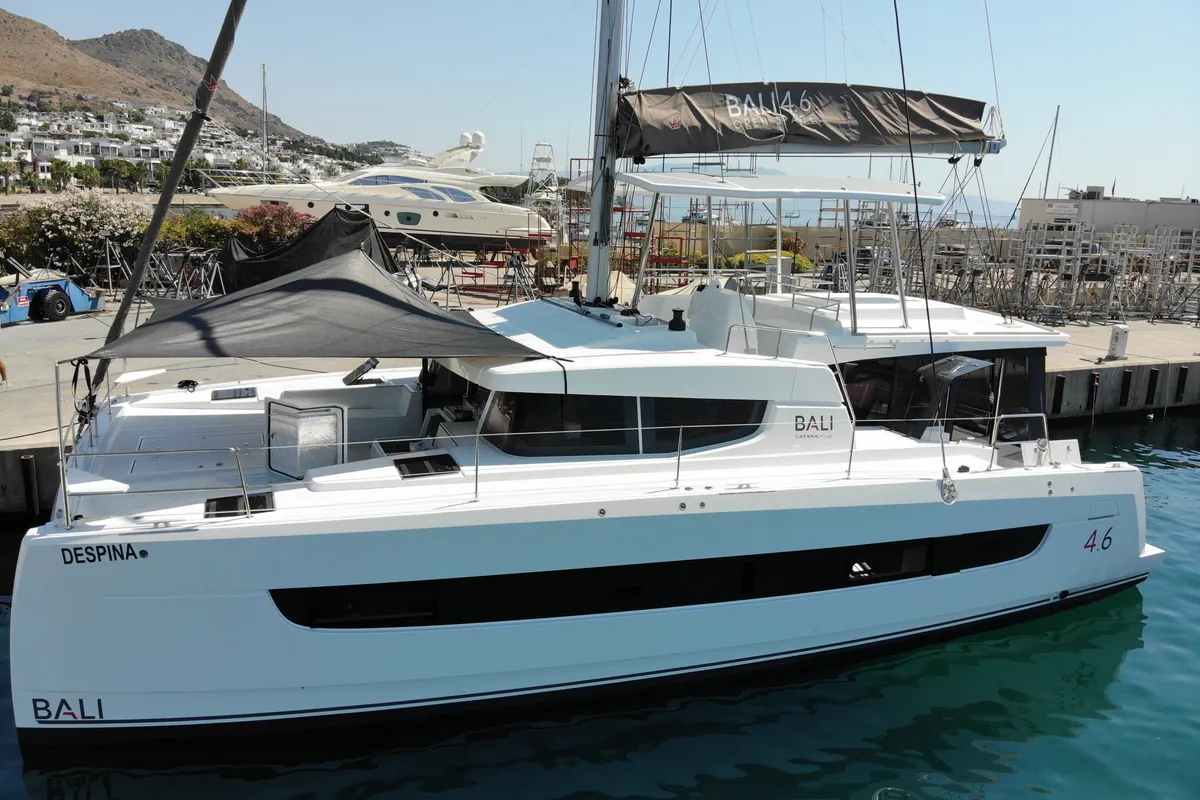 Exterior view of Despina, a Bali 4.6 catamaran at Fethiye, Turkey