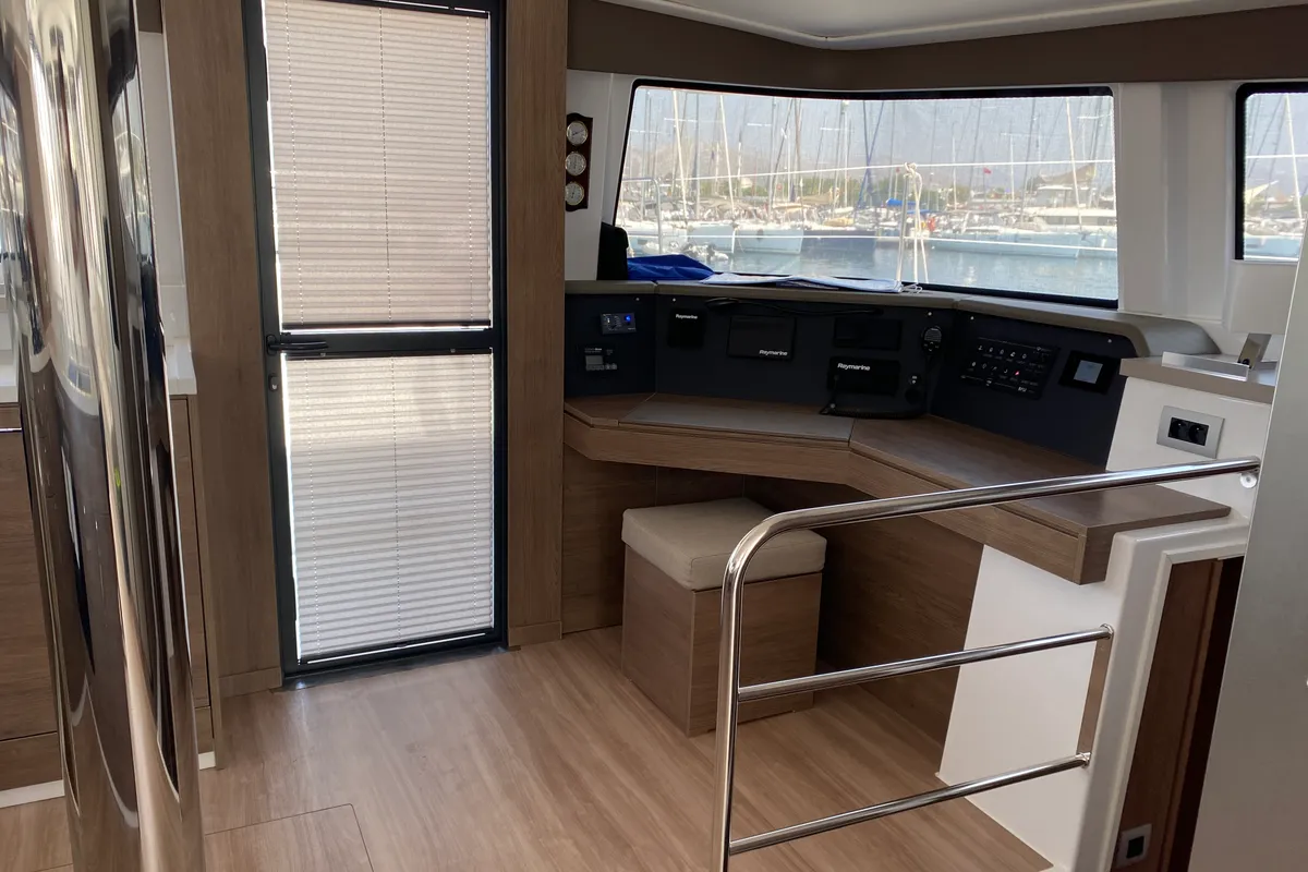 Cockpit of Despina, a Bali 4.6 catamaran at Fethiye, Turkey