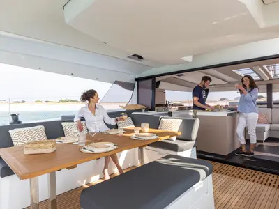 Aerial, a Fountaine Pajot Aura 51 catamaran at Platys Gialos, Greece