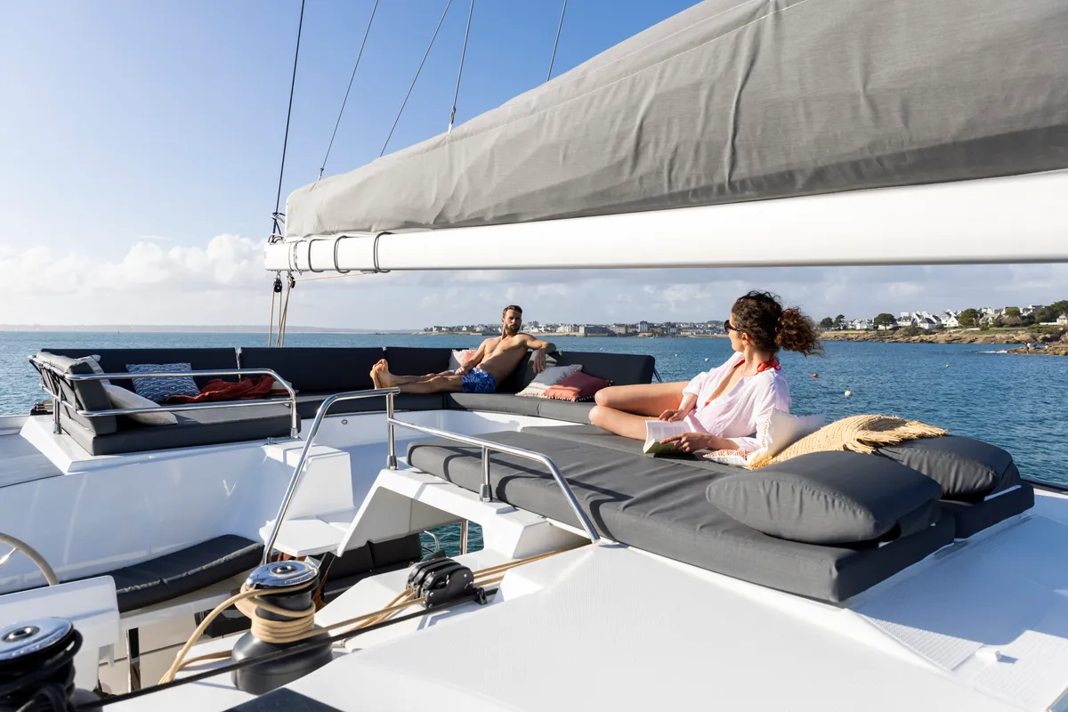 Aerial, a Fountaine Pajot Aura 51 catamaran at Platys Gialos, Greece