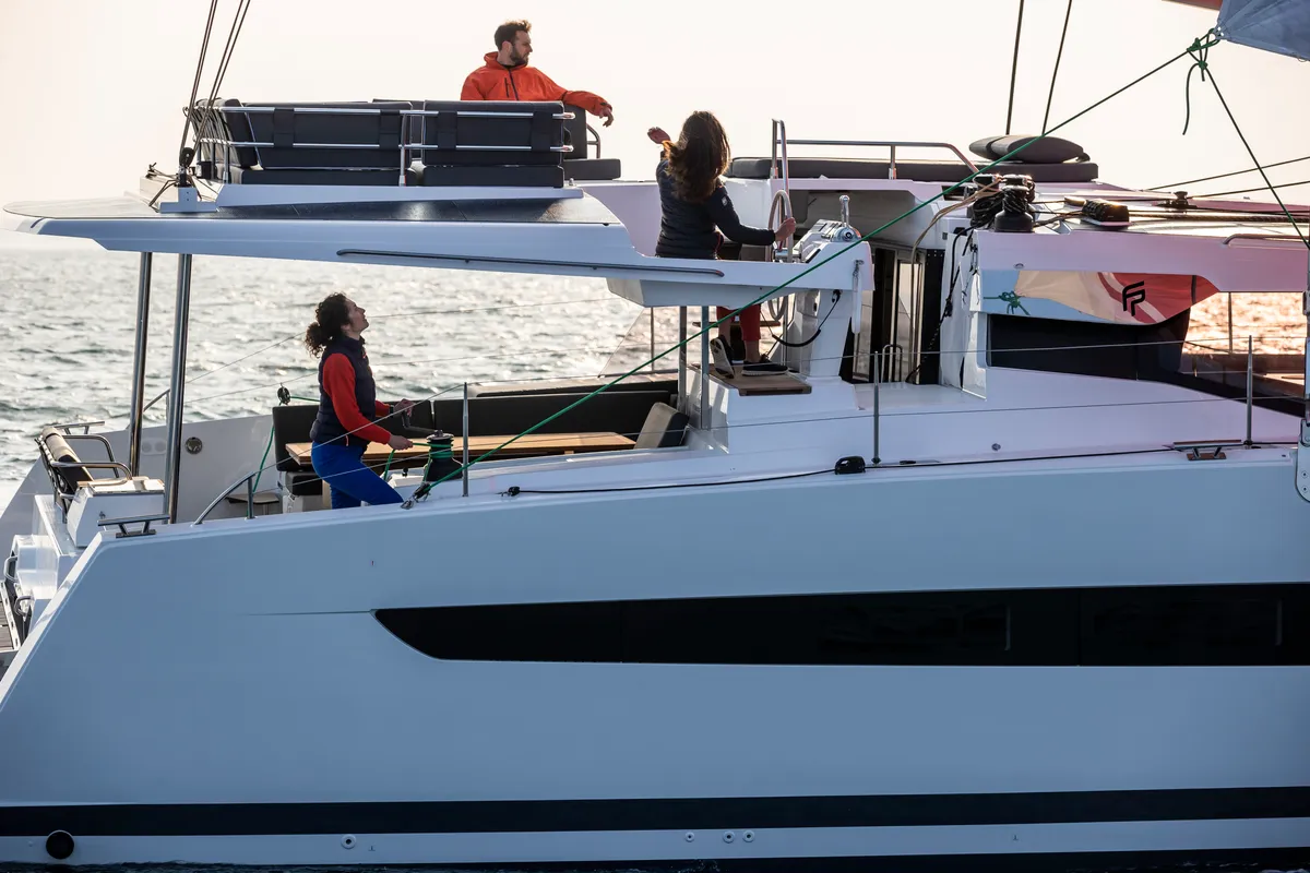 Aerial, a Fountaine Pajot Aura 51 catamaran at Platys Gialos, Greece