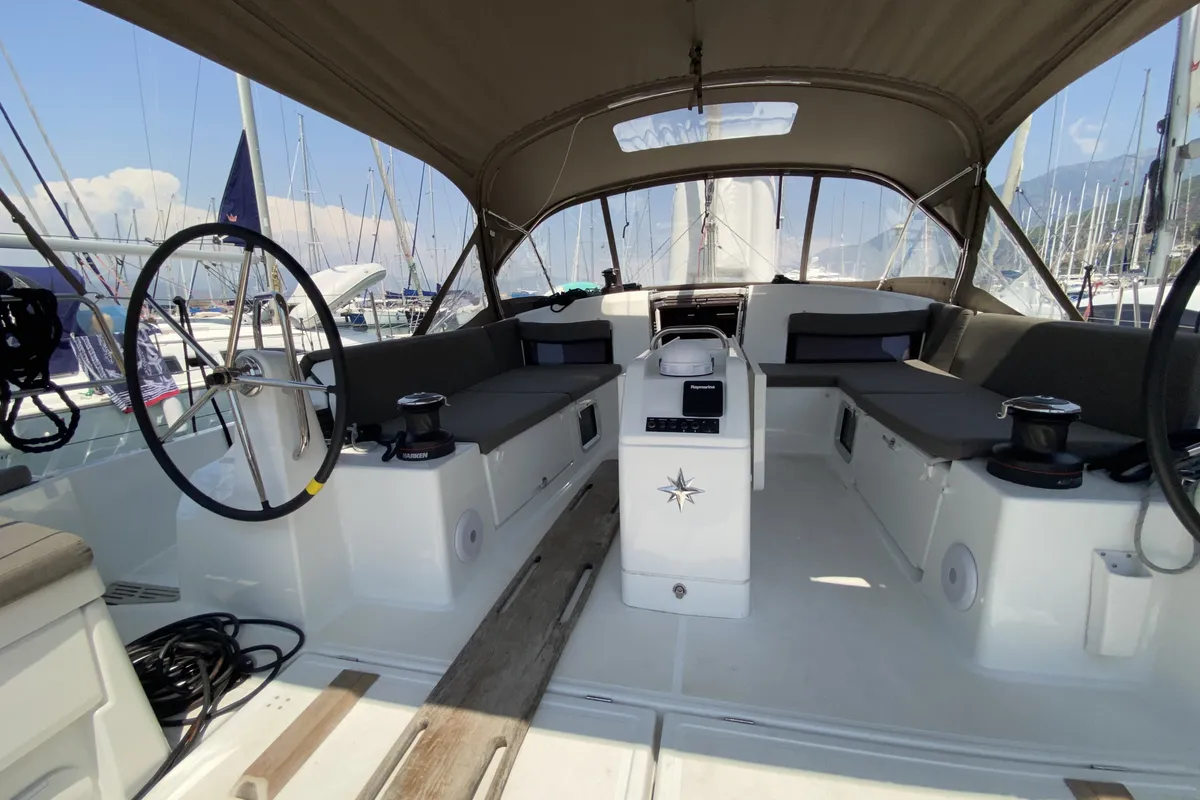 Cockpit of Jeanneau Sun Odyssey 490, a sailboat at Fethiye, Turkey