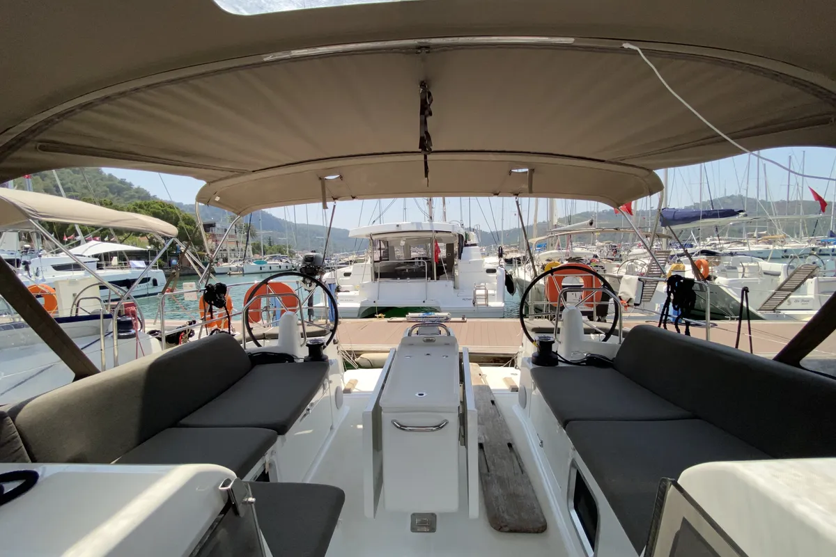 Cockpit of Jeanneau Sun Odyssey 490, a sailboat at Fethiye, Turkey