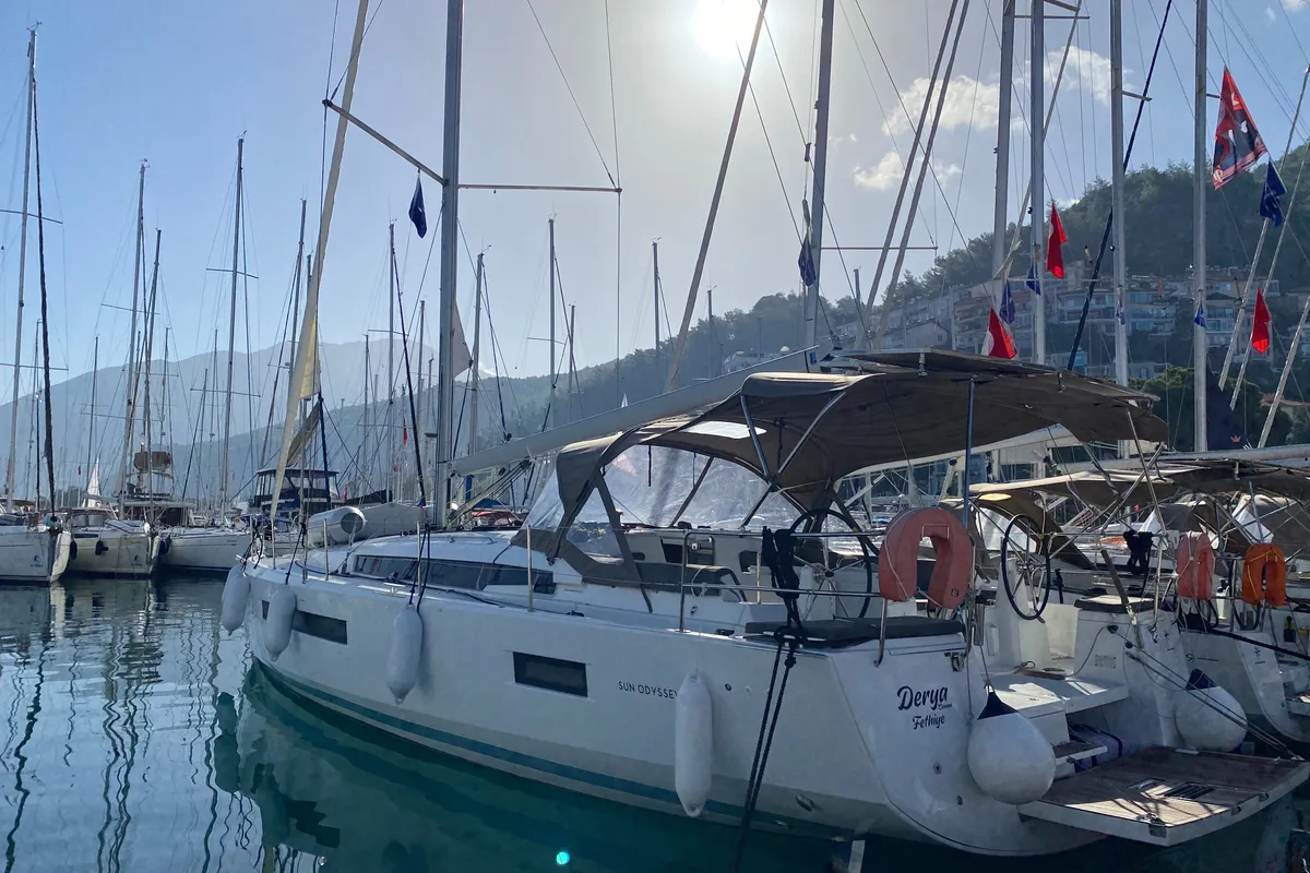 Exterior view of Jeanneau Sun Odyssey 490, a sailboat at Fethiye, Turkey