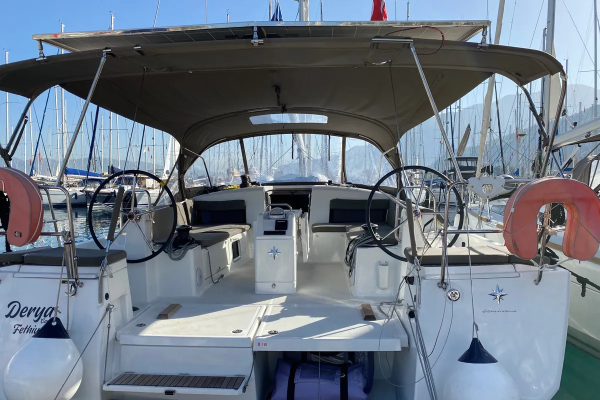 Cockpit of Jeanneau Sun Odyssey 490, a sailboat at Fethiye, Turkey