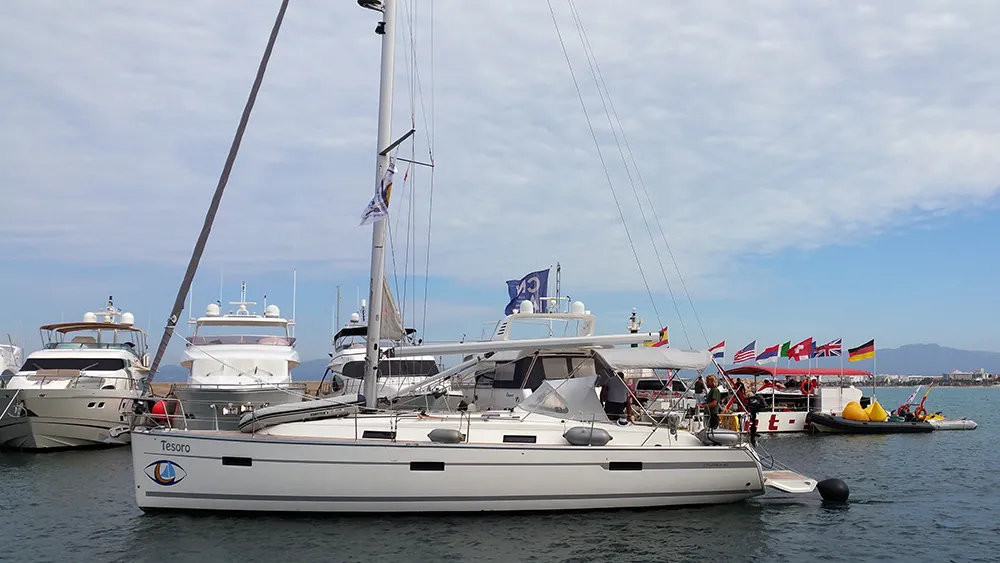 Exterior view of Tesoro, a Bavaria Cruiser 40 sailboat at Llucmajor, Spain
