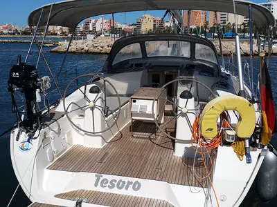 Cockpit of Tesoro, a Bavaria Cruiser 40 sailboat at Llucmajor, Spain