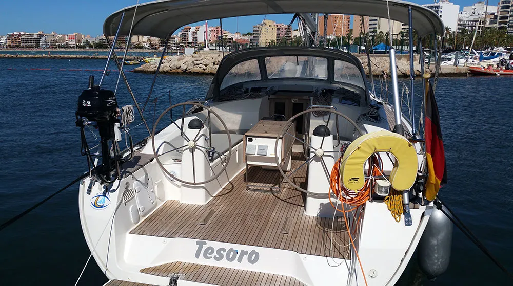 Cockpit of Tesoro, a Bavaria Cruiser 40 sailboat at Llucmajor, Spain