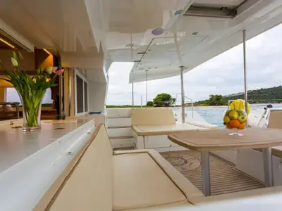 Deck of Alba Mouse, a Lagoon 450 Fly catamaran at Grad Ploče, Croatia