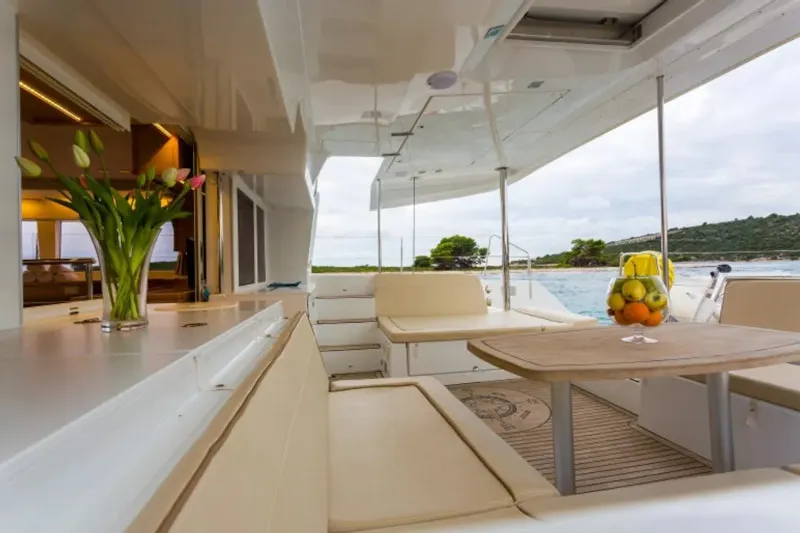 Deck of Alba Mouse, a Lagoon 450 Fly catamaran at Grad Ploče, Croatia