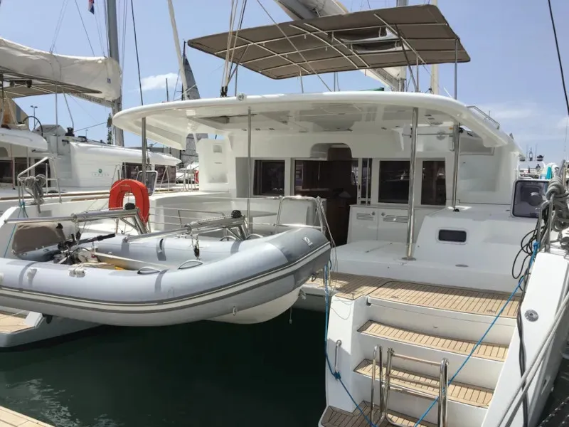 Exterior view of Alba Mouse, a Lagoon 450 Fly catamaran at Grad Ploče, Croatia