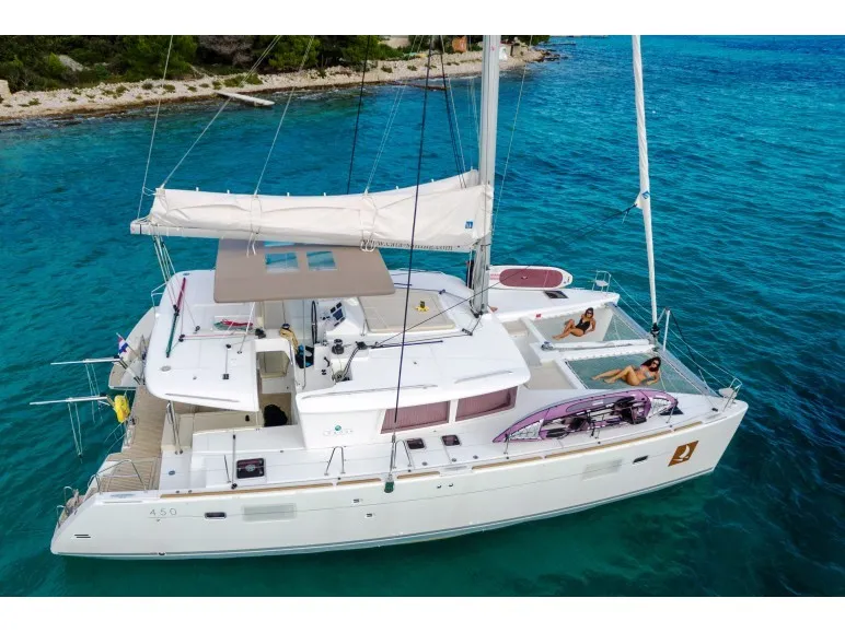 Exterior view of Alba Mouse, a Lagoon 450 Fly catamaran at Grad Ploče, Croatia