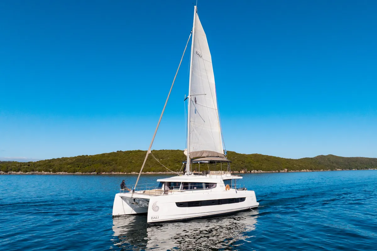 Exterior view of Stelina, a Bali 4.8 catamaran at Preveza, Greece