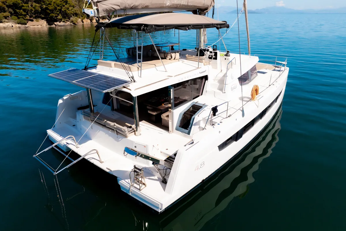 Exterior view of Stelina, a Bali 4.8 catamaran at Preveza, Greece