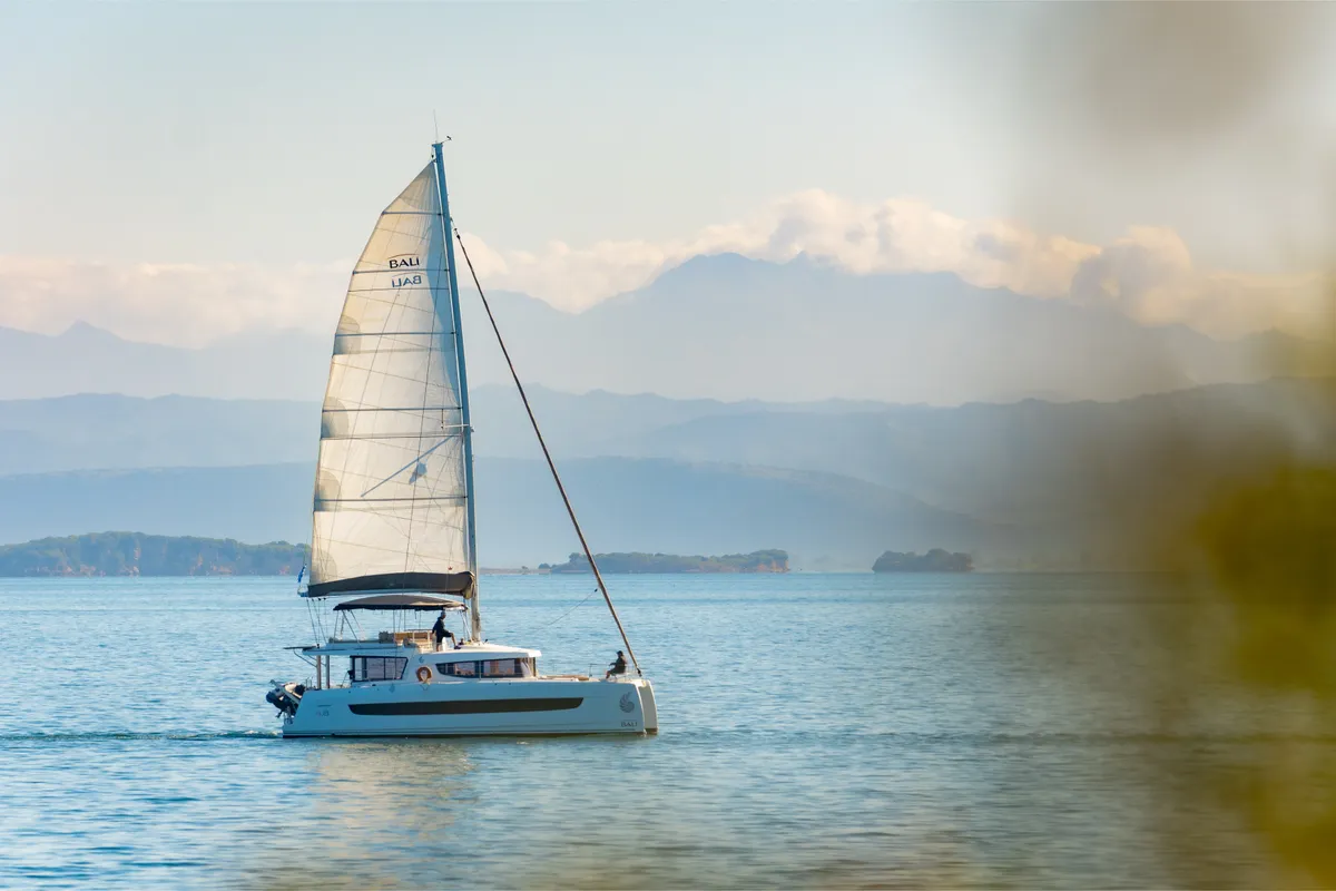 Exterior view of Stelina, a Bali 4.8 catamaran at Preveza, Greece