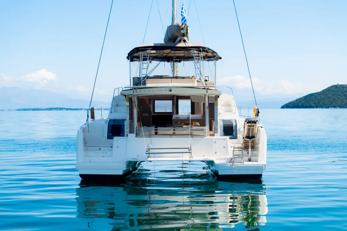 Exterior view of Stelina, a Bali 4.8 catamaran at Preveza, Greece