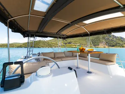 Cockpit of Stelina, a Bali 4.8 catamaran at Preveza, Greece