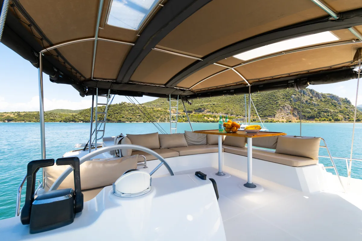 Cockpit of Stelina, a Bali 4.8 catamaran at Preveza, Greece