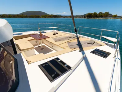 Deck of Stelina, a Bali 4.8 catamaran at Preveza, Greece