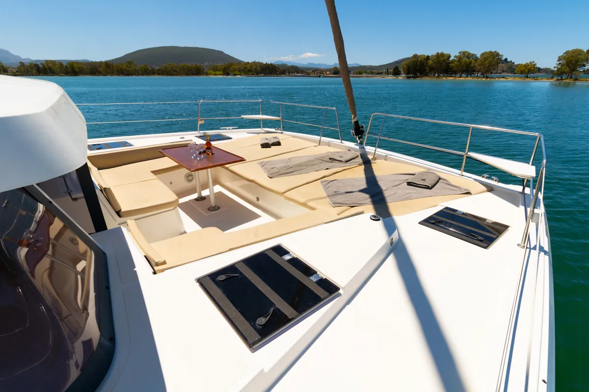 Deck of Stelina, a Bali 4.8 catamaran at Preveza, Greece