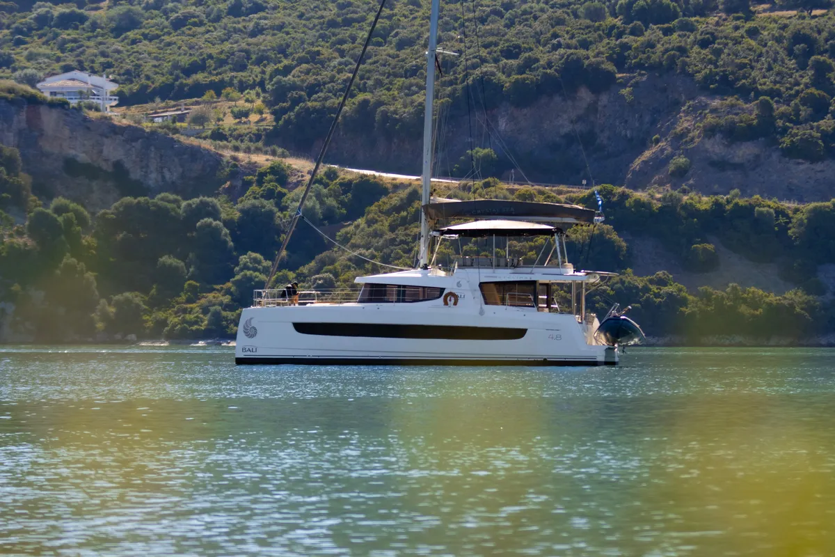 Exterior view of Stelina, a Bali 4.8 catamaran at Preveza, Greece