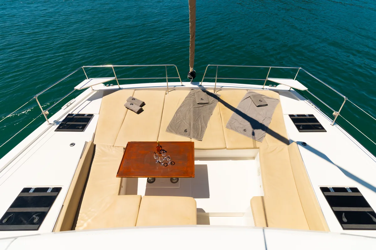 Deck of Stelina, a Bali 4.8 catamaran at Preveza, Greece